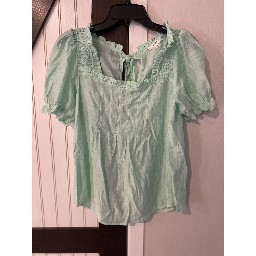 Mine Mint Green Pleated Polka Dot Short Sleeve Blouse Back Bow Size Medium